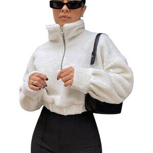 Women's White Faux Fur Pullover Half Zip Long Sleeve Crop Sweatshirt Tops